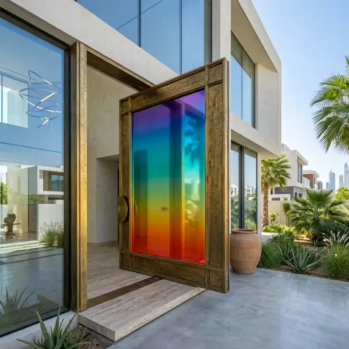 Modern Villa Brass Pivot-Door with Colourful Gradient Glass
