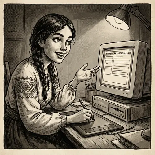 Vintage Black-and-White Digital Painting of a Young Woman Giving Advice