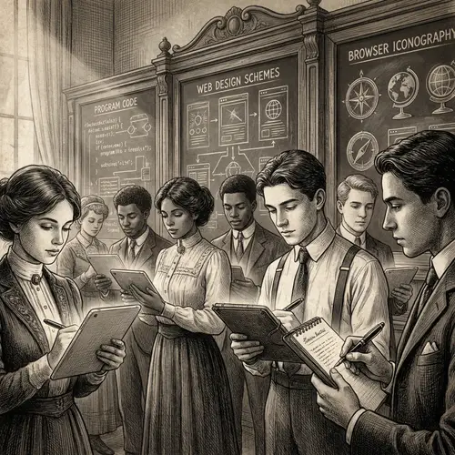 Digital Painting of Diverse Students with Tablets and Educational Boards