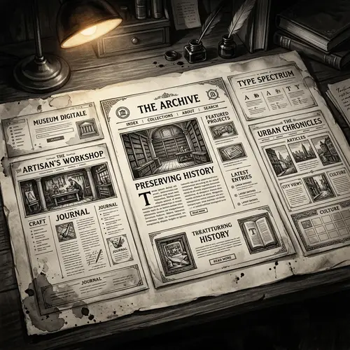 Vintage Black-and-White Digital Painting of Conceptual Website Designs