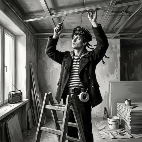 Russian Builder in Vintage Sailor's Uniform Installing KNAUF Metal Frame