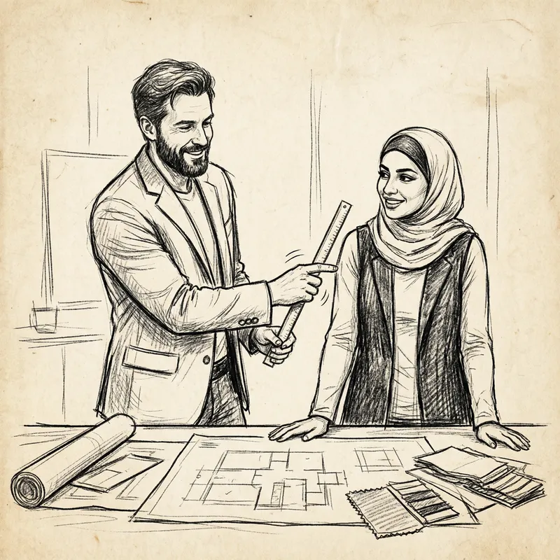 Caucasian Client vs. Female Interior Designer Sketch