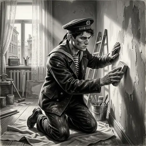 Vintage Black and White Digital Painting of Russian Builder in Sailor Uniform
