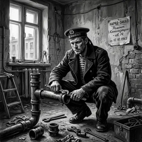 Vintage Russian Sailor Painting: Chiaroscuro Style in Black and White