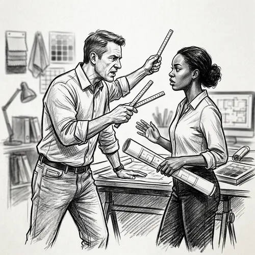 Tense Interior Design Dispute in Black and White Sketch