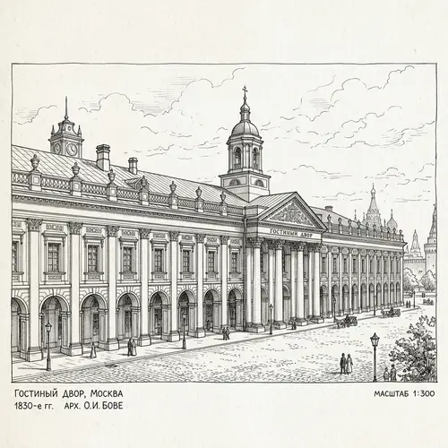 Detailed Architectural Sketch of Gostiny Dvor Building in Moscow