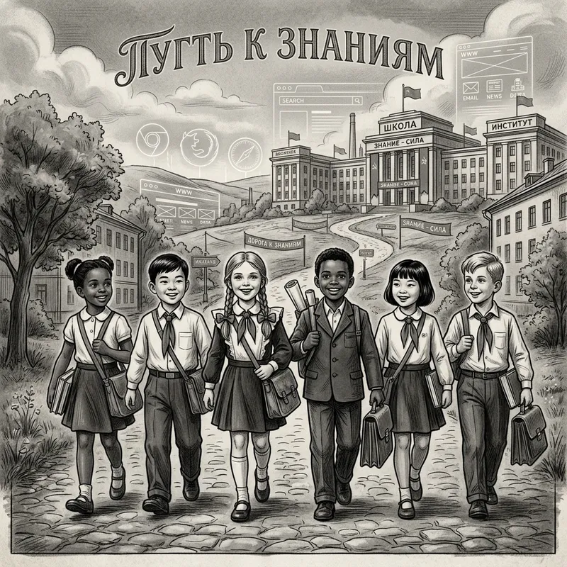 Vintage Black-and-White Poster of Soviet Era Children Exploring Road to Knowledge