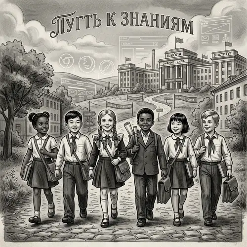 Vintage Digital Painting of Diverse Children on Road to Knowledge