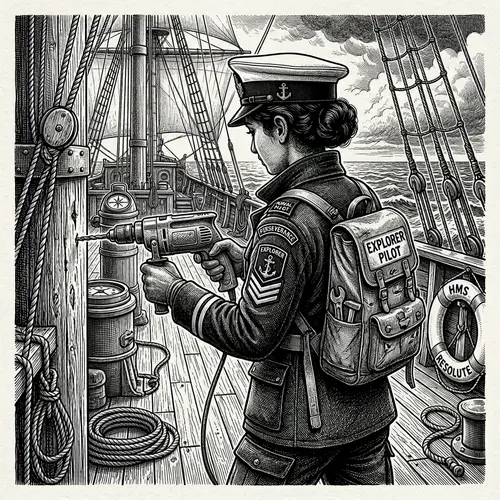 Intricate Black and White Sailor Pilot Illustration - Maritime Exploration Theme