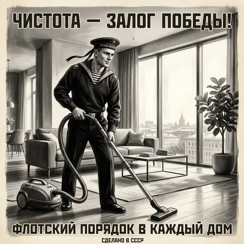 Vintage Russian Sailor Using Vacuum Cleaner in Modern Apartment