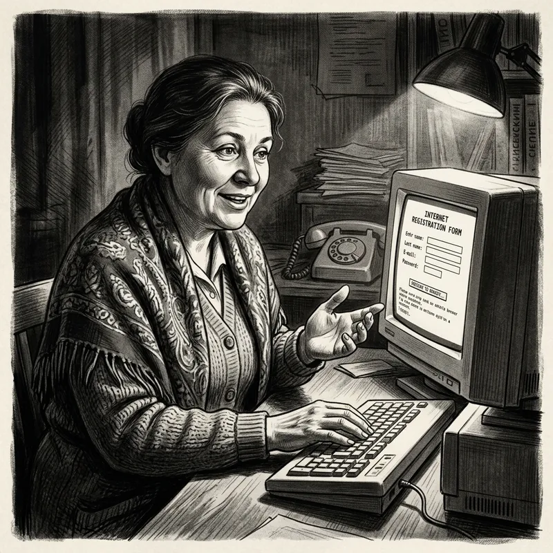Enthusiastic Russian Woman Giving Online Form Advice - Vintage Art