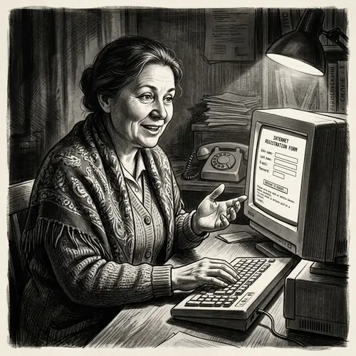 Vintage Black & White Digital Painting of Russian Woman Giving Advice Online