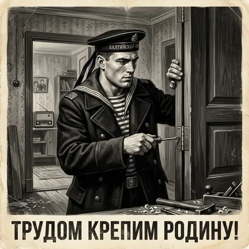 Vintage Black and White Poster Art with Russian Sailor Installing Door