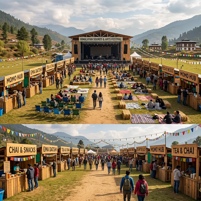 Lively Music Festival Decoration with Seating & Food Stalls