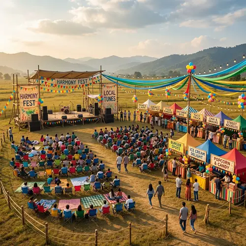Colorful Open-Air Music Festival Setup with Seating & Food Stalls