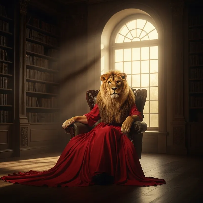 Lioness in Dress Sitting on a Chair