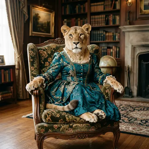Lioness in Dress Sitting on a Chair