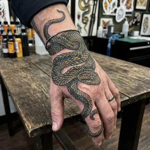 Bush Viper Hand Tattoo Design - Detailed and Realistic Artwork