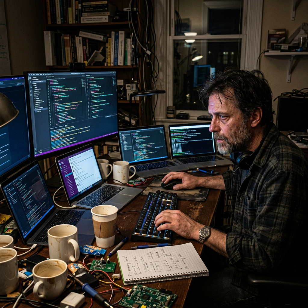 A software engineer with a beard and dark, curly hair works at a cluttered desk with multiple monitors displaying code, AI graphs, and dashboards in a modern, well-lit tech office environment.