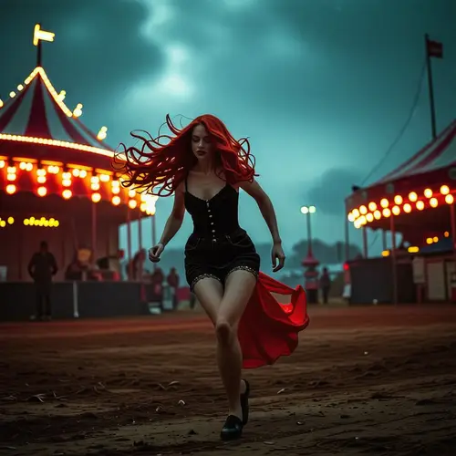 Red-Haired Woman Escapes Creepy Circus at Night