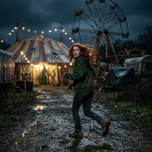 Red-Haired Woman Escapes Creepy Circus at Night