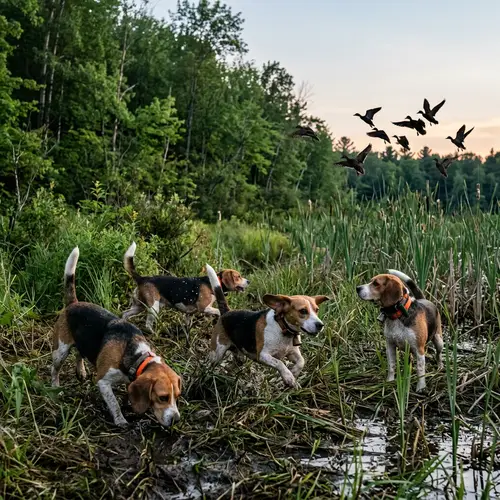 Beagle Dogs Hunting Ducks at Forest Edge