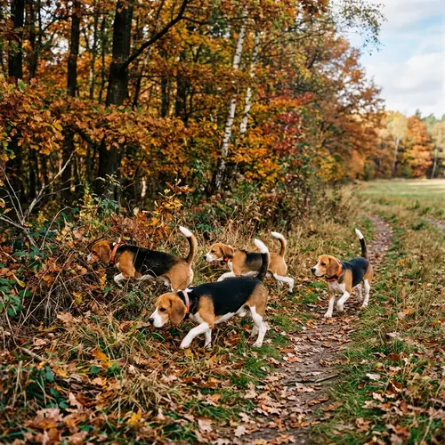 Beagle Dogs Hunting at Forest Edge