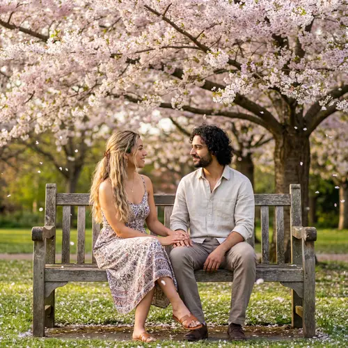 Romantic Novel Scene: Couple under Cherry Blossom Tree