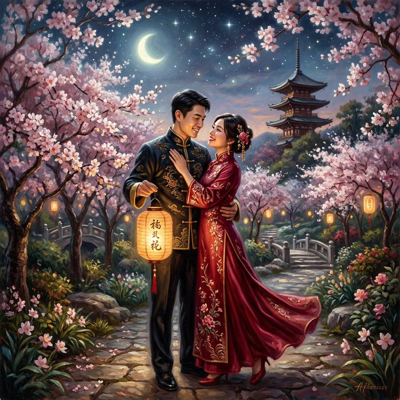 Romantic Asian Couple Painting in Moonlit Garden