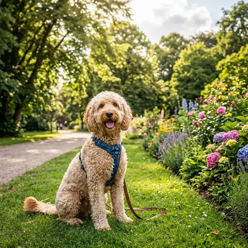 Detailed Depiction of Labradoodle: Fluffy Medium-Sized Dog in Green Park