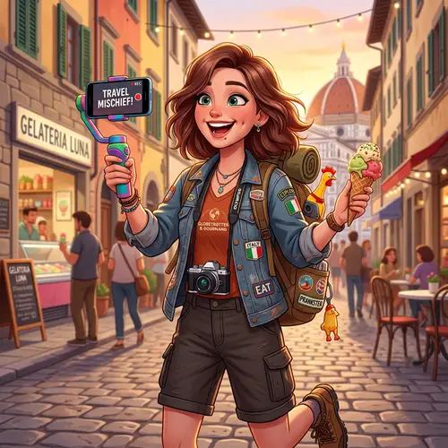 Cute Caucasian Travel Blogger with Shoulder-Length Brown Hair