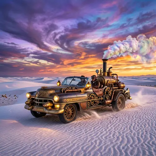 Steampunk Cadillac Adventure in a Dreamlike Desert