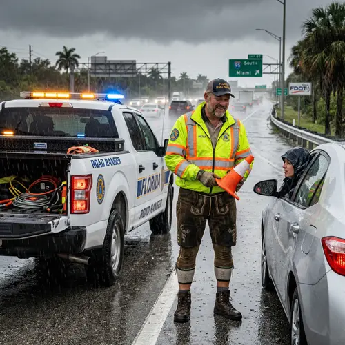 Florida Road Ranger in Lederhosen: Unique Rainy Scene