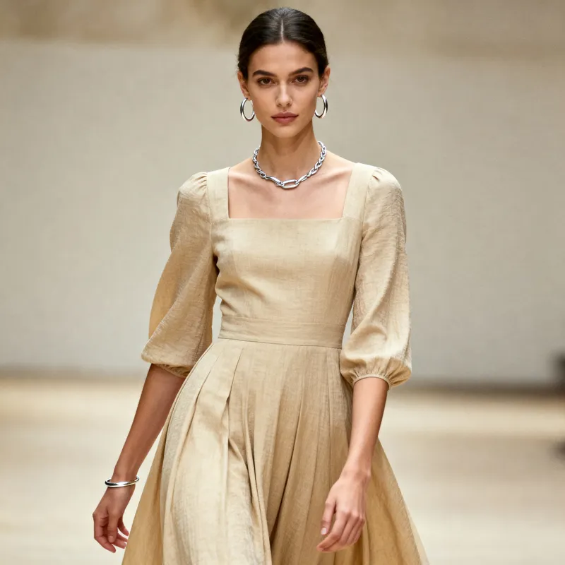 Beige Dress Model with Silver Accessories