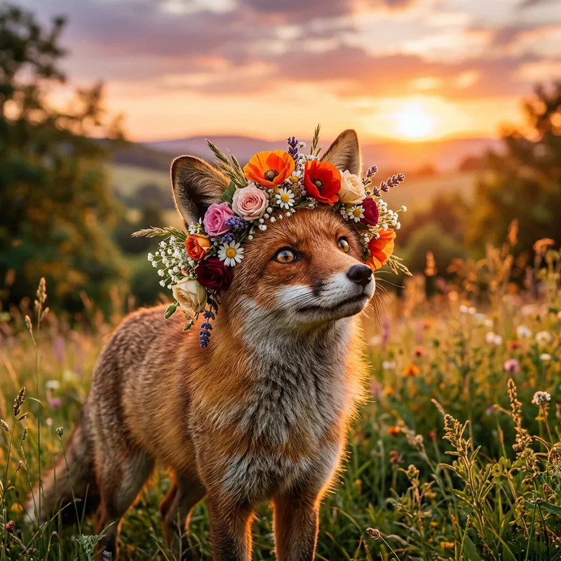 Enchanting Fox with Floral Wreath | Captivating Wildlife Image