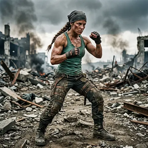 Fierce Warrior with Braid Hairstyle on Dystopian Battlefield