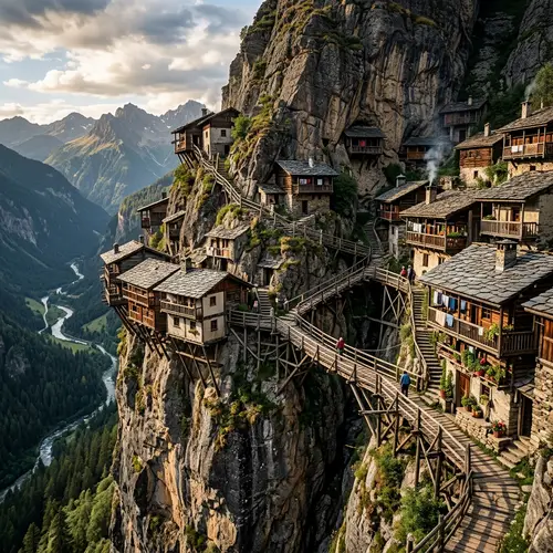 Cliffside Village with Wooden Bridges