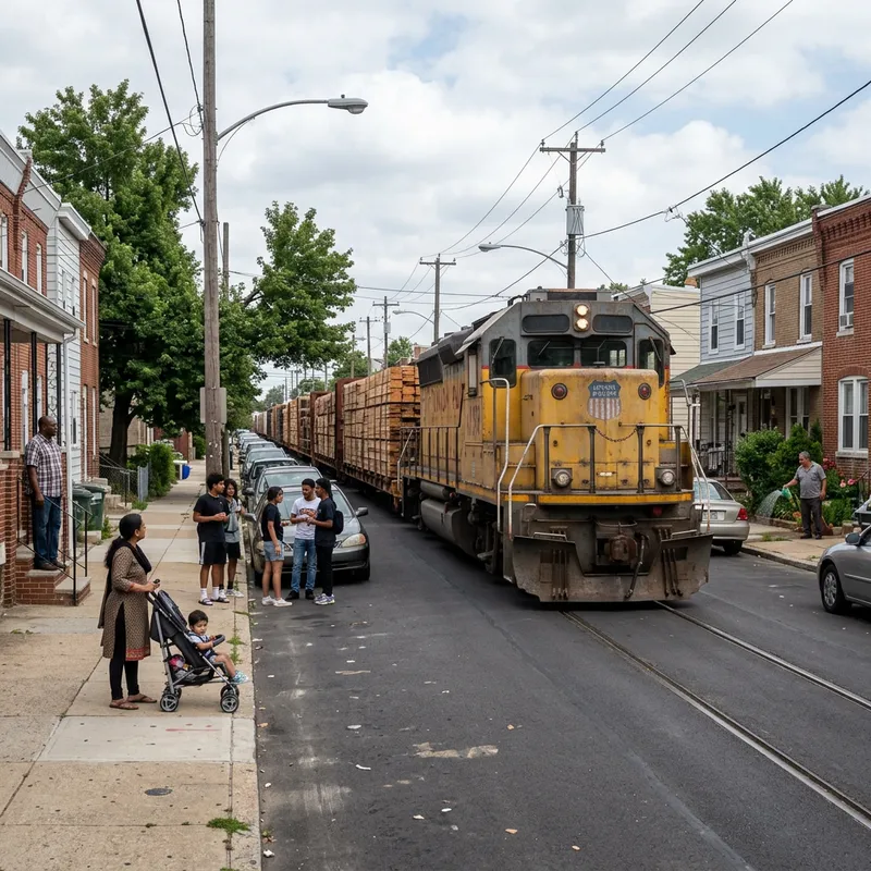 Wood-Laden Train Moving Down City Street