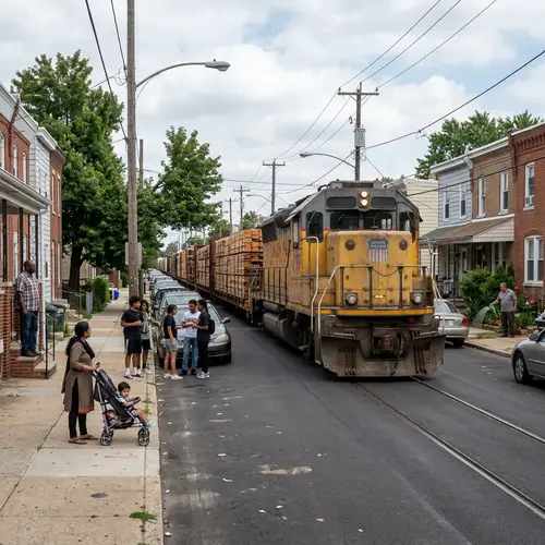 Impressive Freight Train Laden with Wood Moving Down Urban Street