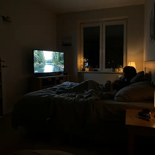 Cozy Night Time Bedroom with TV