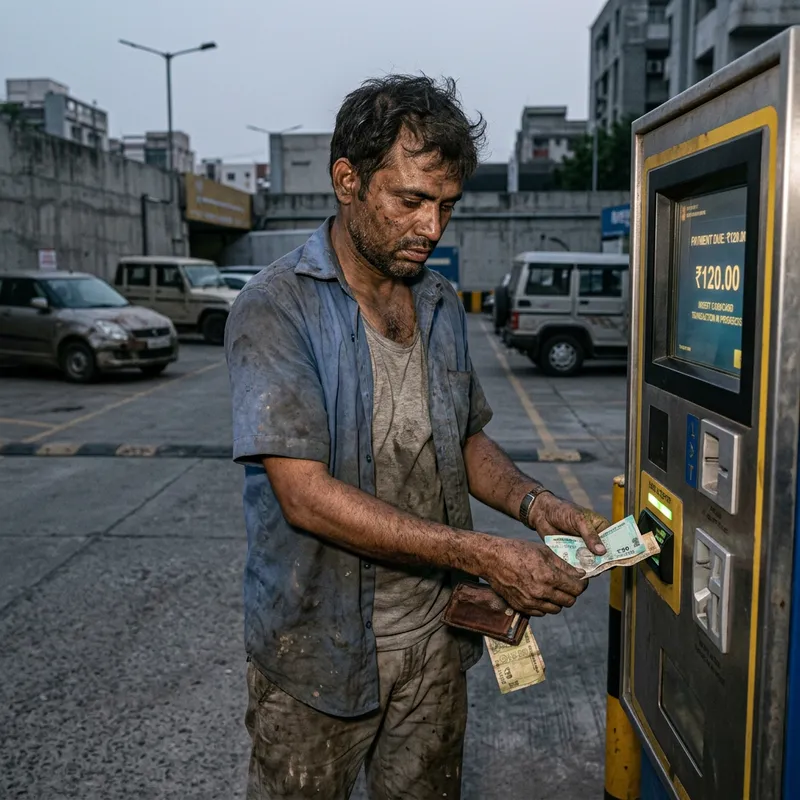 Weary South Asian Man Struggles to Secure Cash for Parking