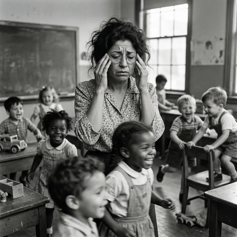 Dynamic Early Education Classroom Scene | Stressed Teacher Amid Chaos