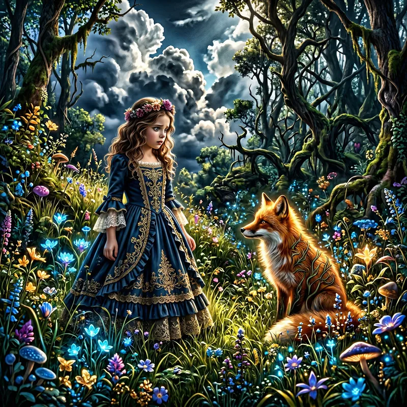 Enchanted Encounter: Young Girl, Fox & Bioluminescent Meadow