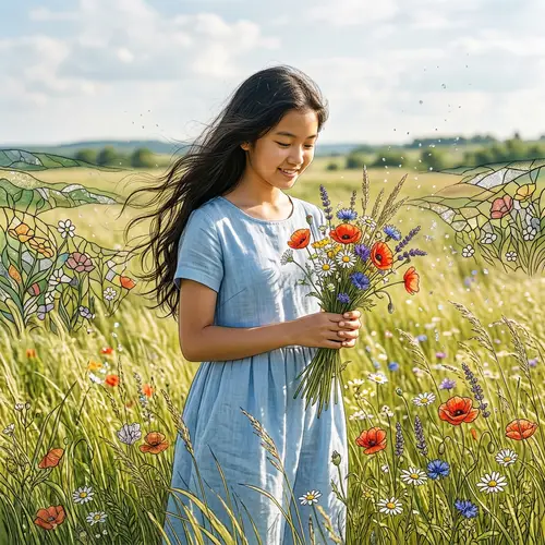 Asian Teenage Girl in Blooming Meadow with Wildflowers