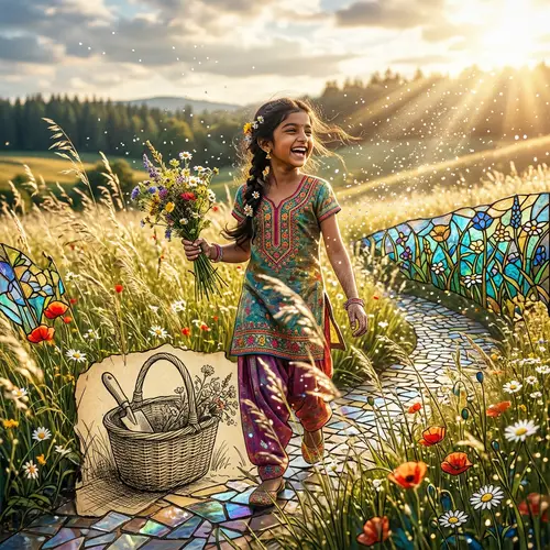 Detailed Mixed Media Photography of Blooming Meadow with Girl and Stained Glass Elements