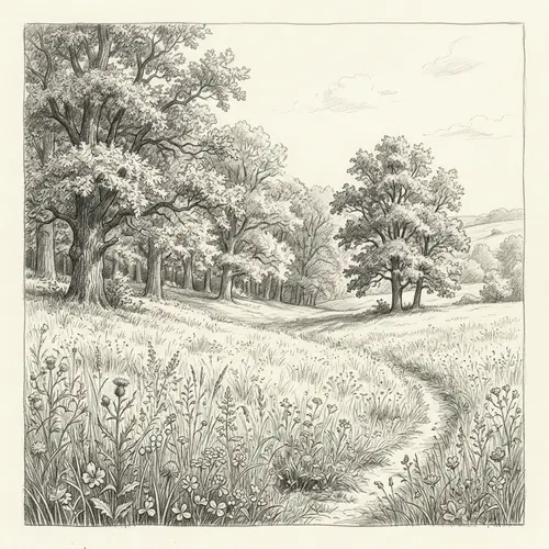 Tranquil Meadow and Enchanting Oak Forest Sketch