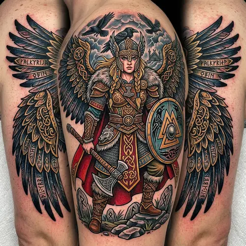 Neotraditional Valkyrie Tattoo with Majestic Wings