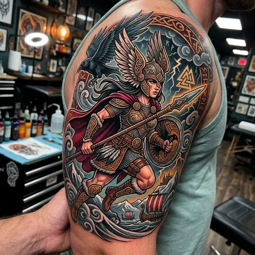Neo-Traditional Valkyrie Tattoo: Bold & Colorful Design