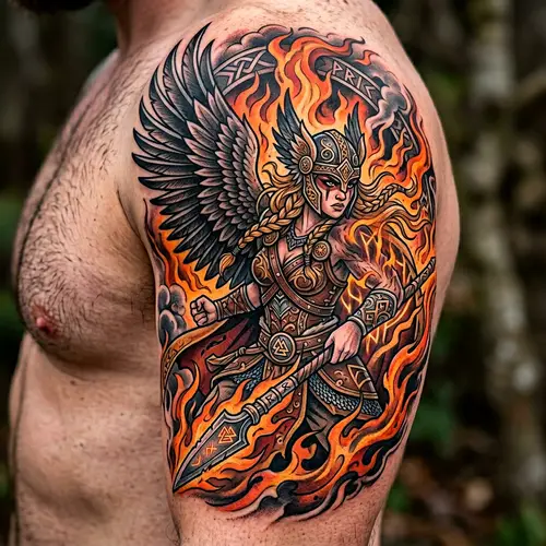 Neotraditional Valkyrie Tattoo with Single Wing and Flames