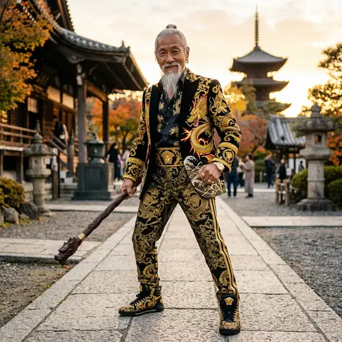 Elderly Martial Arts Master in Versace-Inspired Fashion